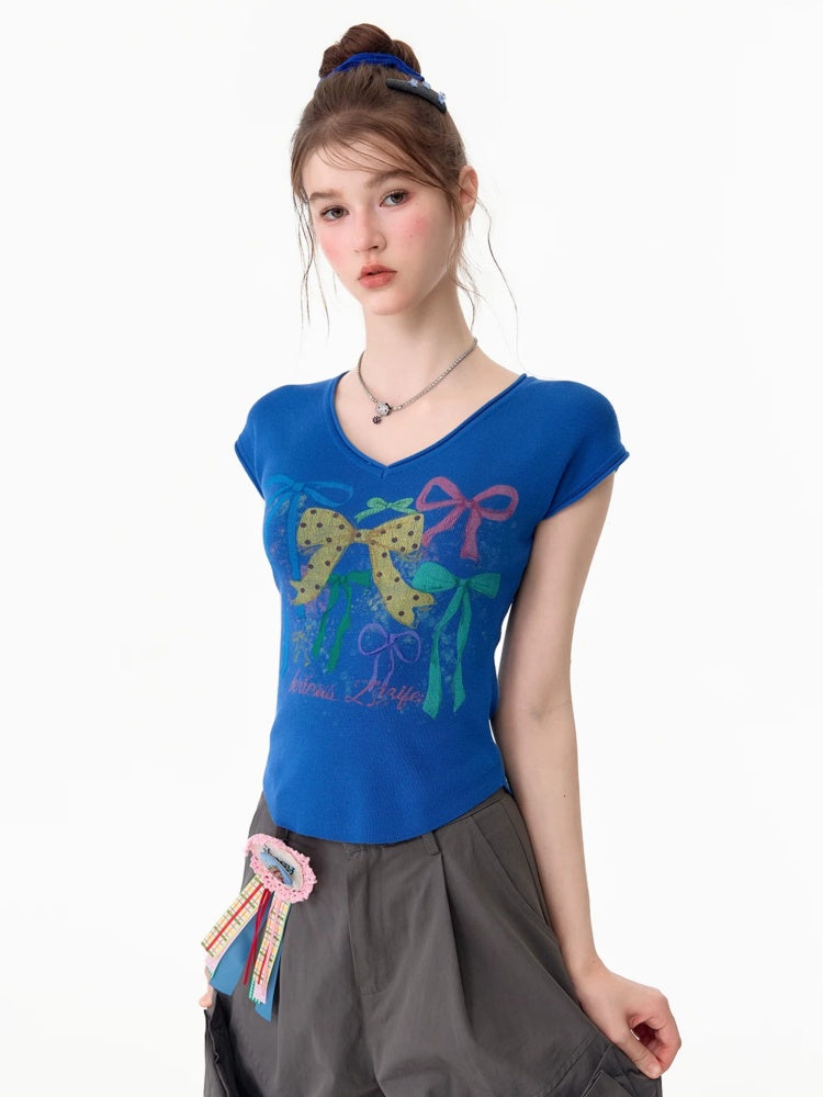 Bow Print Blue V-Neck Short-Sleeve T-Shirt【s0000017578】