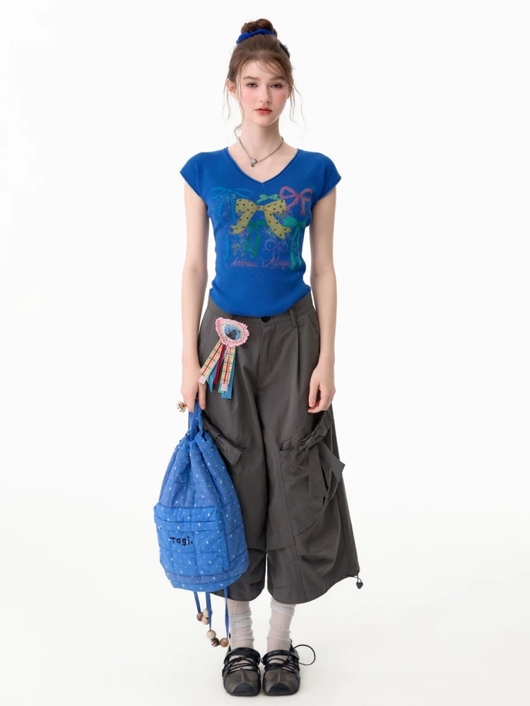 Bow Print Blue V-Neck Short-Sleeve T-Shirt【s0000017578】