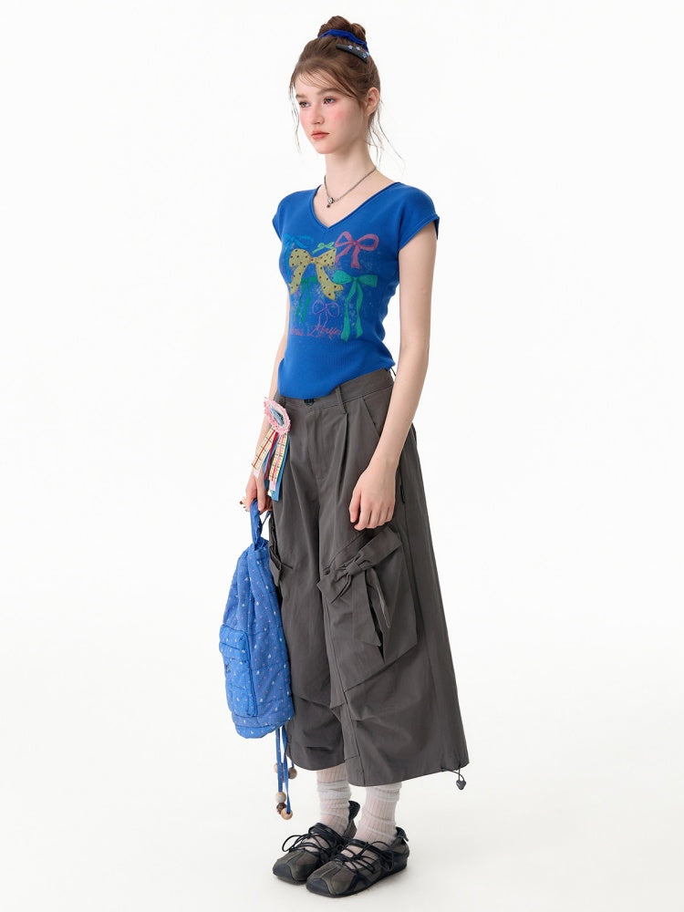 Bow Print Blue V-Neck Short-Sleeve T-Shirt【s0000017578】