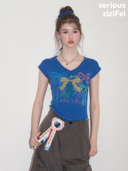 Bow Print Blue V-Neck Short-Sleeve T-Shirt【s0000017578】