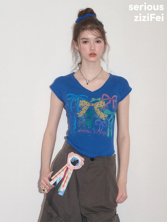 Bow Print Blue V-Neck Short-Sleeve T-Shirt【s0000017578】