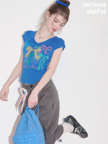 Bow Print Blue V-Neck Short-Sleeve T-Shirt【s0000017578】