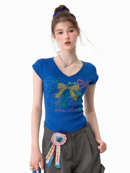 Bow Print Blue V-Neck Short-Sleeve T-Shirt【s0000017578】