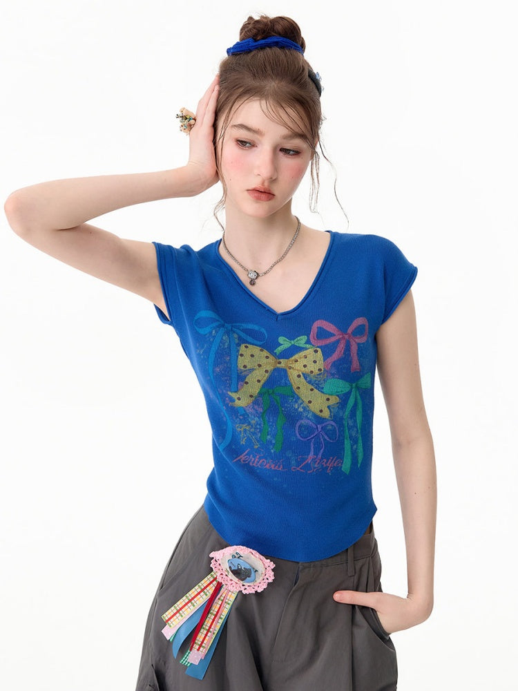 Bow Print Blue V-Neck Short-Sleeve T-Shirt【s0000017578】