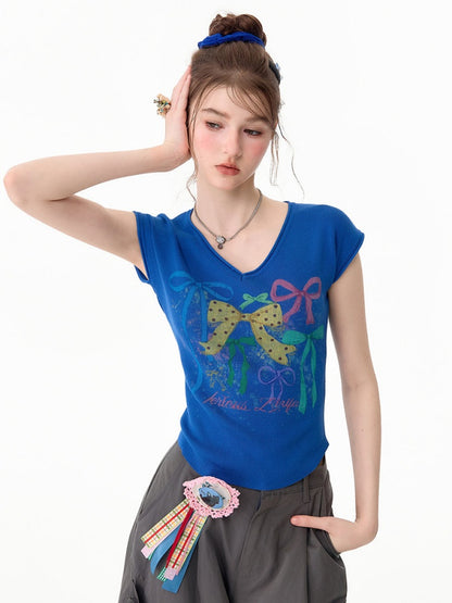 Bow Print Blue V-Neck Short-Sleeve T-Shirt【s0000017578】