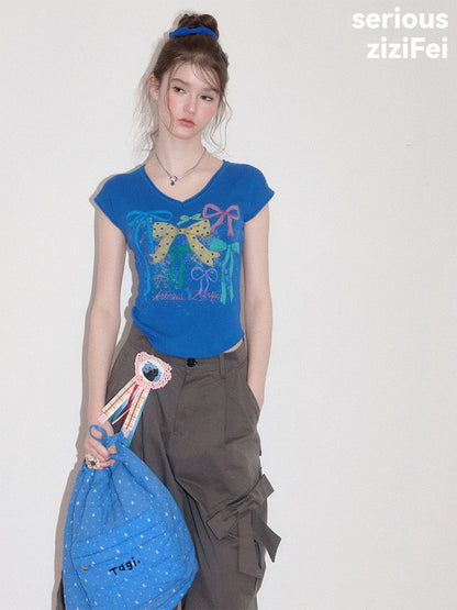Bow Print Blue V-Neck Short-Sleeve T-Shirt【s0000017578】