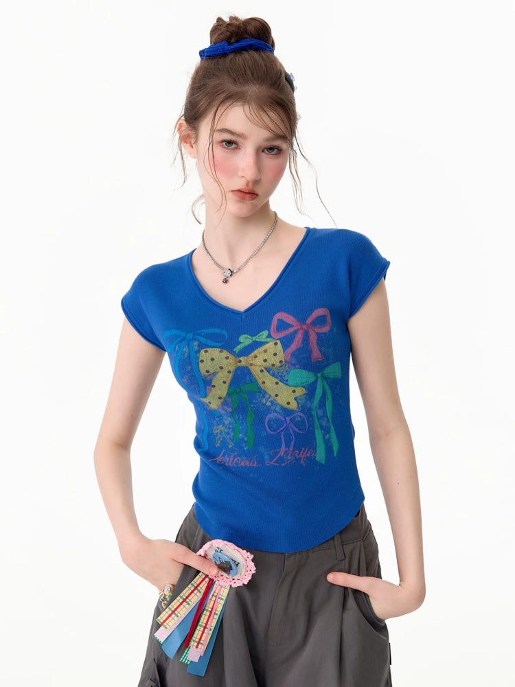 Bow Print Blue V-Neck Short-Sleeve T-Shirt【s0000017578】