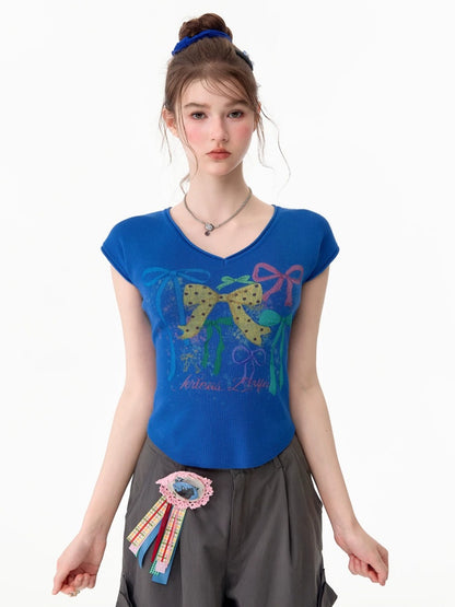 Bow Print Blue V-Neck Short-Sleeve T-Shirt【s0000017578】