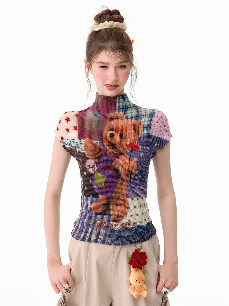Little Bear Patchwork Pattern Pleated Short-Sleeve T-Shirt【s0000017579】