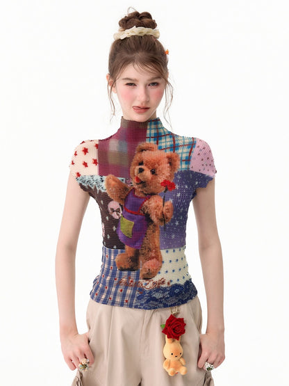 Little Bear Patchwork Pattern Pleated Short-Sleeve T-Shirt【s0000017579】