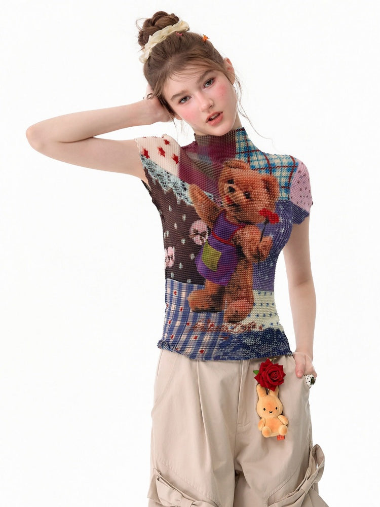 Little Bear Patchwork Pattern Pleated Short-Sleeve T-Shirt【s0000017579】