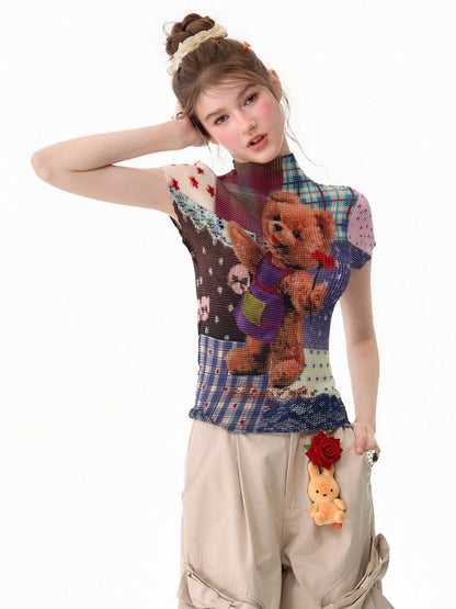 Little Bear Patchwork Pattern Pleated Short-Sleeve T-Shirt【s0000017579】