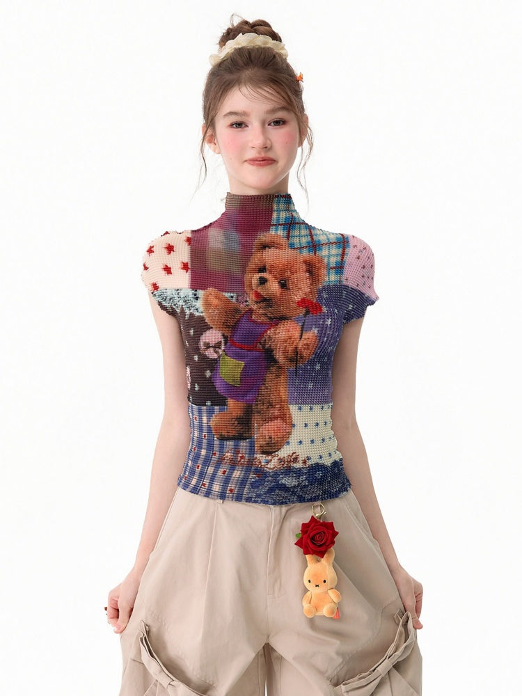Little Bear Patchwork Pattern Pleated Short-Sleeve T-Shirt【s0000017579】