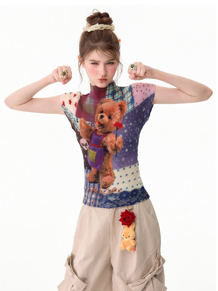 Little Bear Patchwork Pattern Pleated Short-Sleeve T-Shirt【s0000017579】