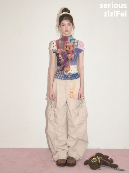 Little Bear Patchwork Pattern Pleated Short-Sleeve T-Shirt【s0000017579】