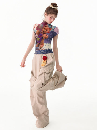 Little Bear Patchwork Pattern Pleated Short-Sleeve T-Shirt【s0000017579】