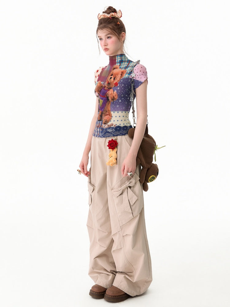 Little Bear Patchwork Pattern Pleated Short-Sleeve T-Shirt【s0000017579】