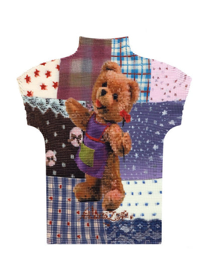 Little Bear Patchwork Pattern Pleated Short-Sleeve T-Shirt【s0000017579】