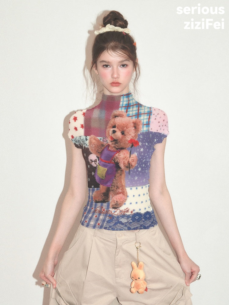 Little Bear Patchwork Pattern Pleated Short-Sleeve T-Shirt【s0000017579】