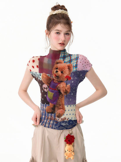 Little Bear Patchwork Pattern Pleated Short-Sleeve T-Shirt【s0000017579】