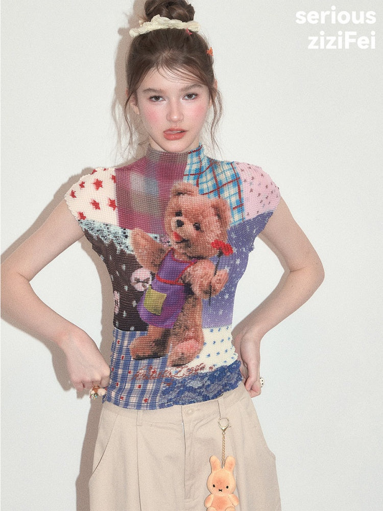 Little Bear Patchwork Pattern Pleated Short-Sleeve T-Shirt【s0000017579】