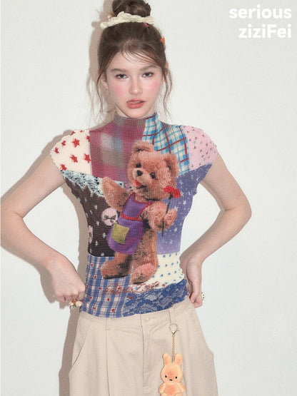 Little Bear Patchwork Pattern Pleated Short-Sleeve T-Shirt【s0000017579】