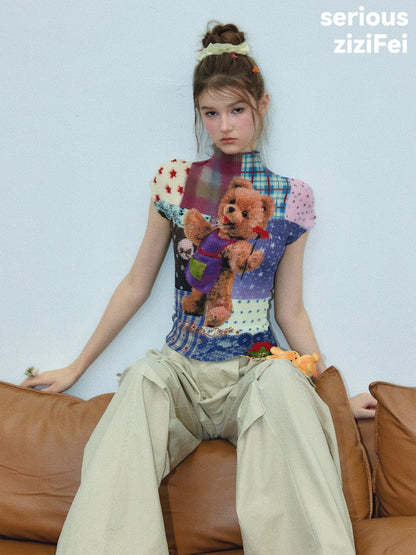 Little Bear Patchwork Pattern Pleated Short-Sleeve T-Shirt【s0000017579】