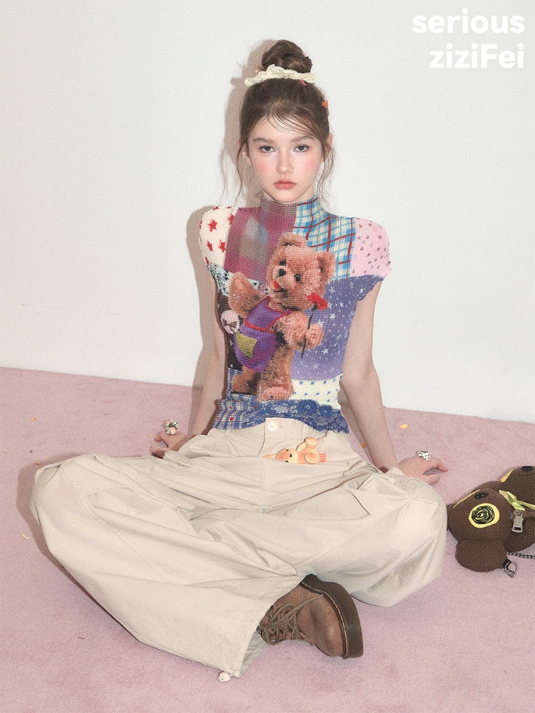 Little Bear Patchwork Pattern Pleated Short-Sleeve T-Shirt【s0000017579】