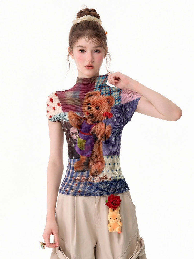 Little Bear Patchwork Pattern Pleated Short-Sleeve T-Shirt【s0000017579】
