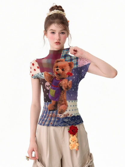 Little Bear Patchwork Pattern Pleated Short-Sleeve T-Shirt【s0000017579】