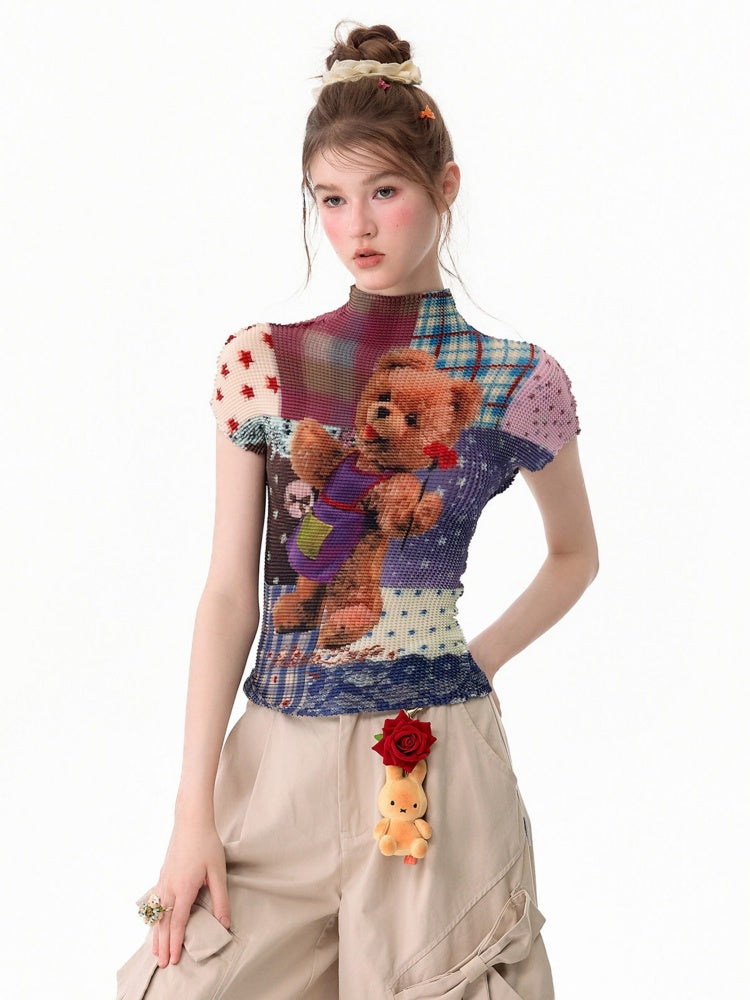 Little Bear Patchwork Pattern Pleated Short-Sleeve T-Shirt【s0000017579】