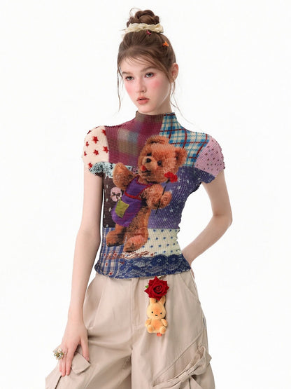 Little Bear Patchwork Pattern Pleated Short-Sleeve T-Shirt【s0000017579】