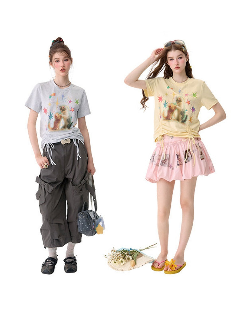 Vintage Lazy Style Cat Print Drawstring Goose Yellow Crew Neck Short Sleeve T-Shirt【s0000017580】