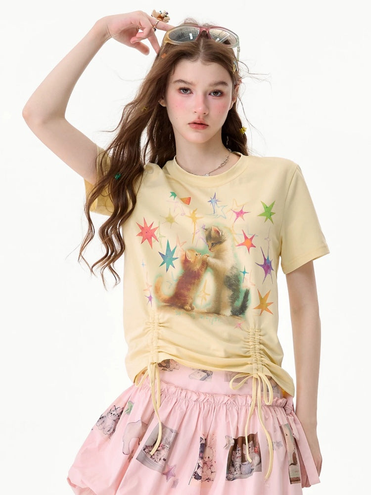 Vintage Lazy Style Cat Print Drawstring Goose Yellow Crew Neck Short Sleeve T-Shirt【s0000017580】