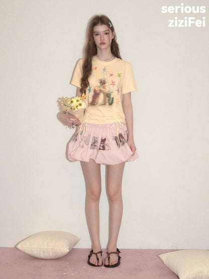 Vintage Lazy Style Cat Print Drawstring Goose Yellow Crew Neck Short Sleeve T-Shirt【s0000017580】