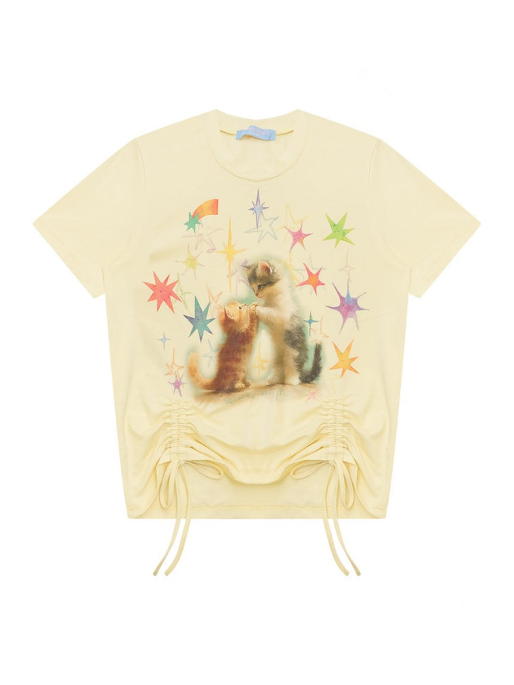 Vintage Lazy Style Cat Print Drawstring Goose Yellow Crew Neck Short Sleeve T-Shirt【s0000017580】