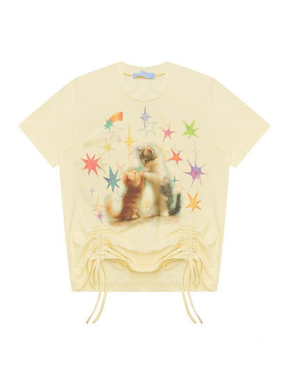 Vintage Lazy Style Cat Print Drawstring Goose Yellow Crew Neck Short Sleeve T-Shirt【s0000017580】