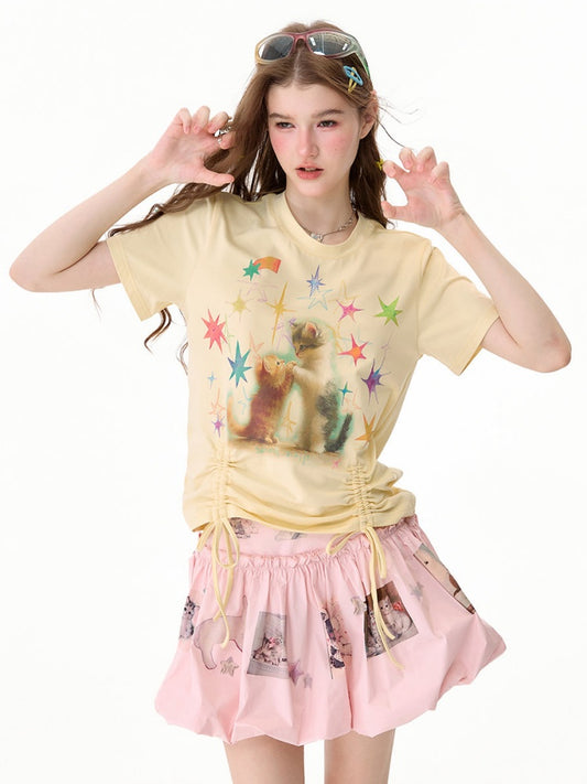 Vintage Lazy Style Cat Print Drawstring Goose Yellow Crew Neck Short Sleeve T-Shirt【s0000017580】