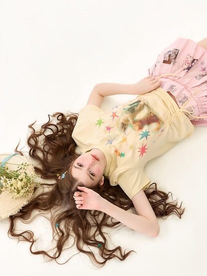 Vintage Lazy Style Cat Print Drawstring Goose Yellow Crew Neck Short Sleeve T-Shirt【s0000017580】