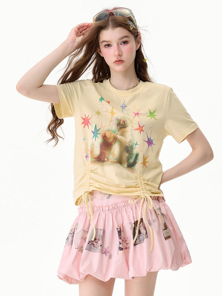 Vintage Lazy Style Cat Print Drawstring Goose Yellow Crew Neck Short Sleeve T-Shirt【s0000017580】