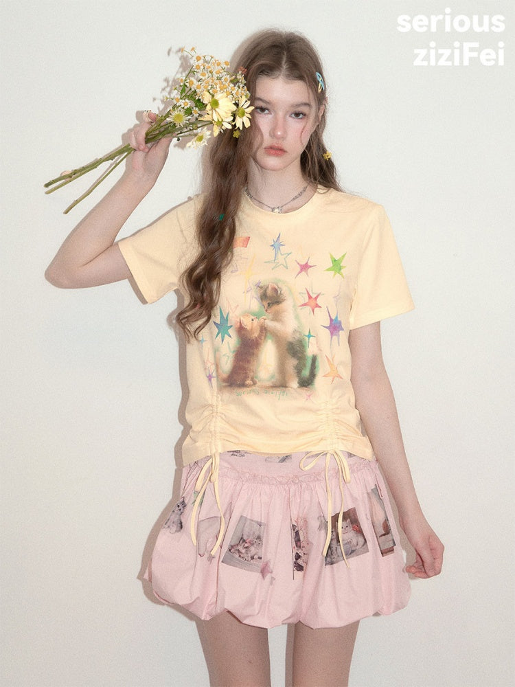 Vintage Lazy Style Cat Print Drawstring Goose Yellow Crew Neck Short Sleeve T-Shirt【s0000017580】