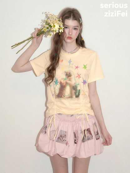 Vintage Lazy Style Cat Print Drawstring Goose Yellow Crew Neck Short Sleeve T-Shirt【s0000017580】