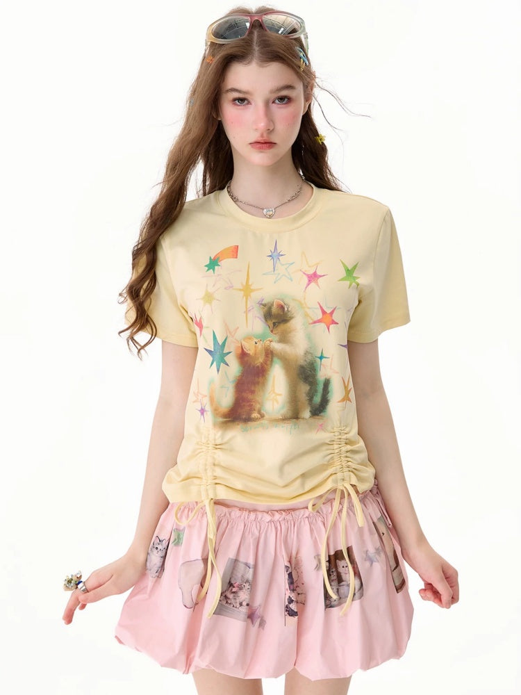 Vintage Lazy Style Cat Print Drawstring Goose Yellow Crew Neck Short Sleeve T-Shirt【s0000017580】