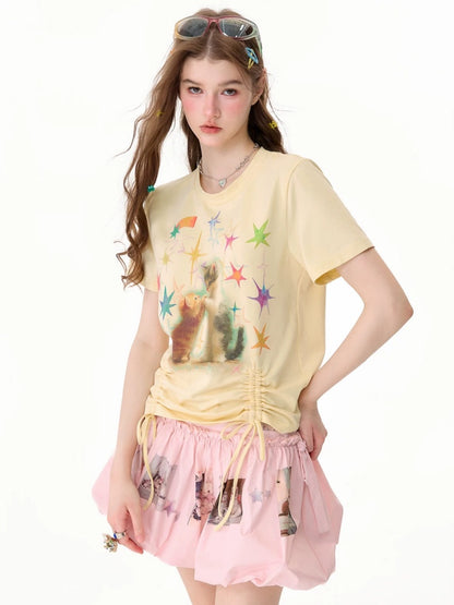 Vintage Lazy Style Cat Print Drawstring Goose Yellow Crew Neck Short Sleeve T-Shirt【s0000017580】