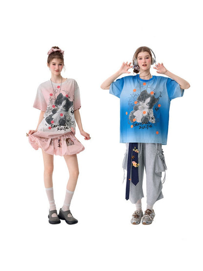 Blue Gradient Art Graffiti Cat Print Crew Neck Slimming Short-Sleeve T-Shirt【s0000017581】
