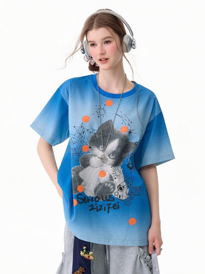 Blue Gradient Art Graffiti Cat Print Crew Neck Slimming Short-Sleeve T-Shirt【s0000017581】