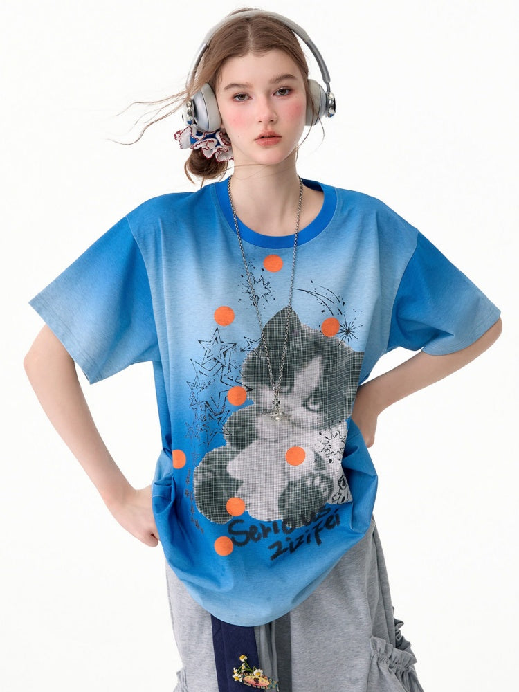 Blue Gradient Art Graffiti Cat Print Crew Neck Slimming Short-Sleeve T-Shirt【s0000017581】