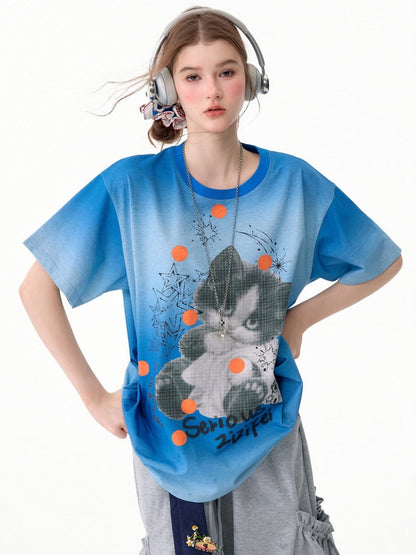 Blue Gradient Art Graffiti Cat Print Crew Neck Slimming Short-Sleeve T-Shirt【s0000017581】