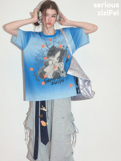 Blue Gradient Art Graffiti Cat Print Crew Neck Slimming Short-Sleeve T-Shirt【s0000017581】