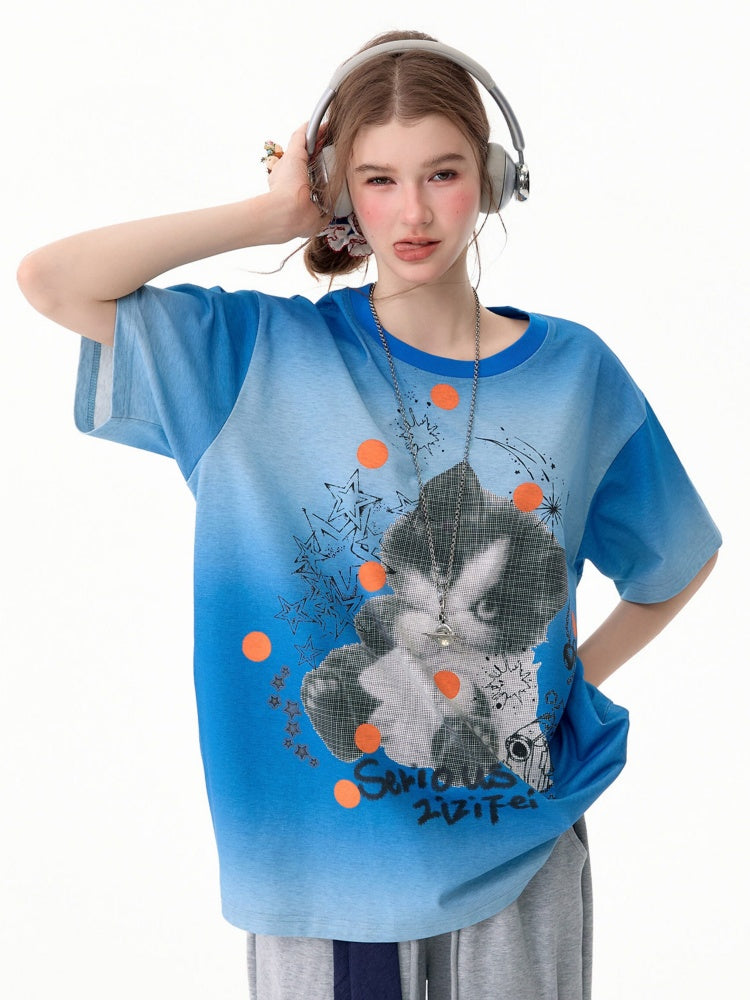 Blue Gradient Art Graffiti Cat Print Crew Neck Slimming Short-Sleeve T-Shirt【s0000017581】